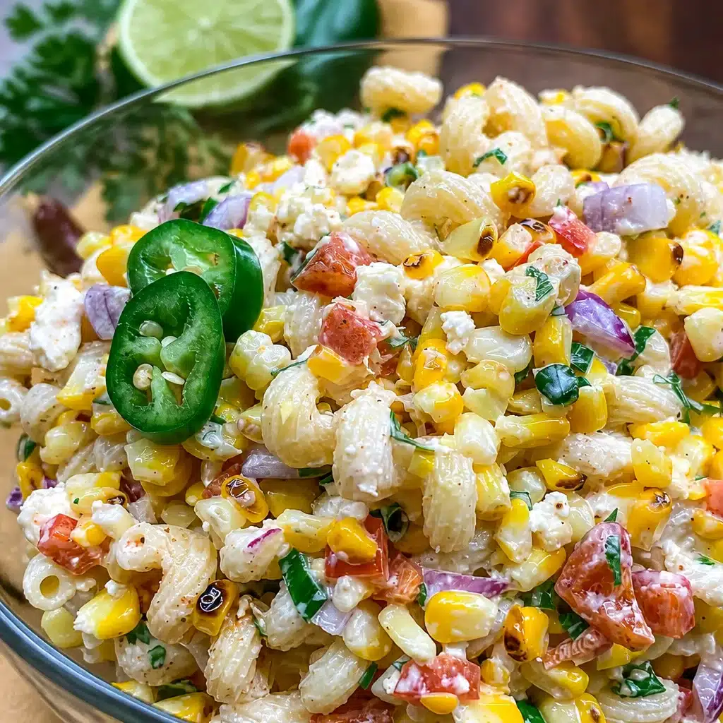 Delicious Grilled Corn Elote Pasta Salad made with Greek Yogurt, cilantro, and lime.