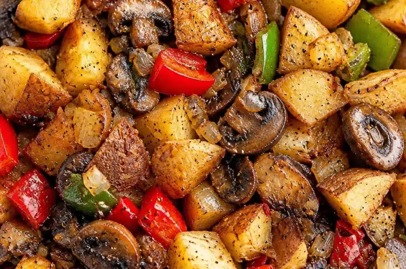 Colorful Vegan Breakfast Hash with potatoes, beans, and fresh vegetables in a skillet.
