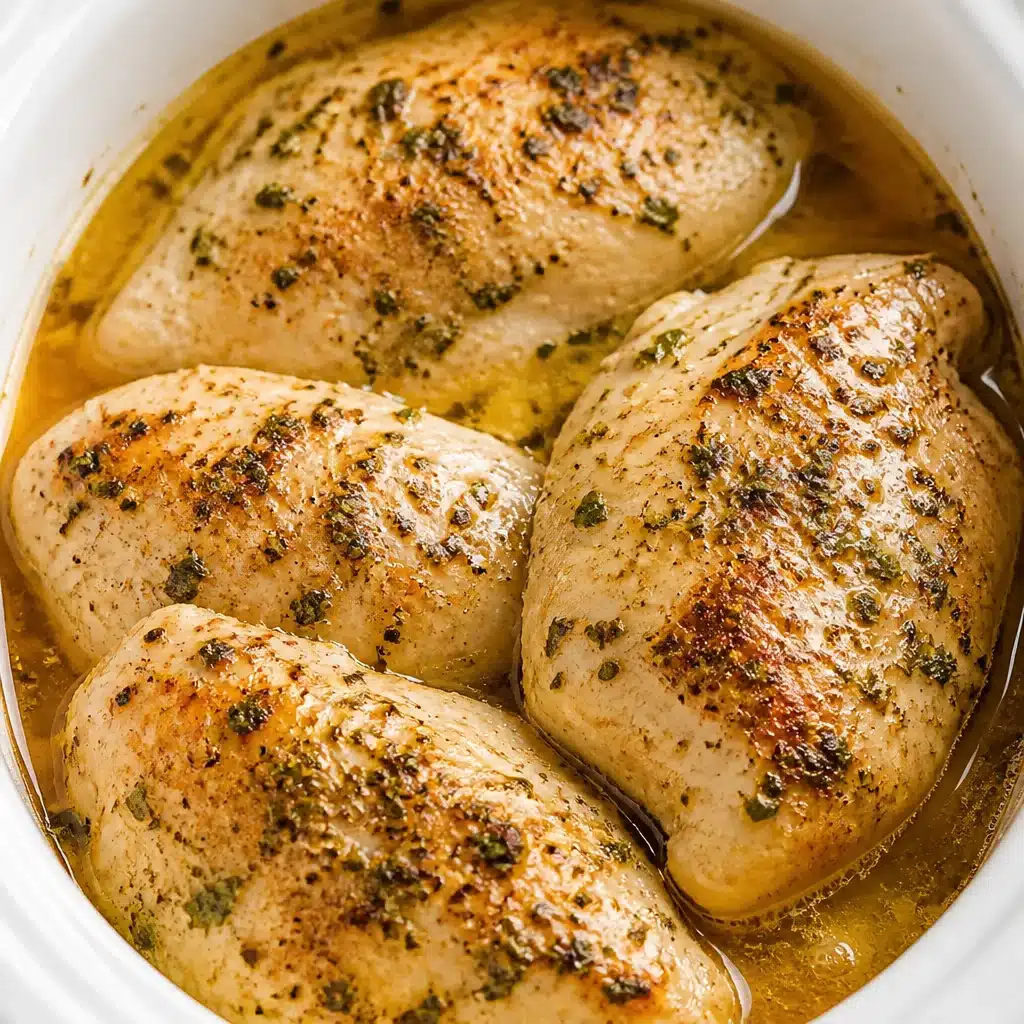 Juicy Slow Cooker Chicken Breasts with garlic and spices ready to serve.