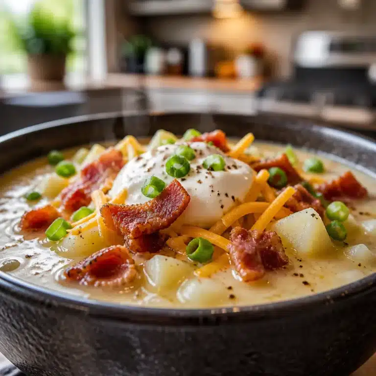 Delicious loaded potato soup with bacon and cream cheese, called 'the best soup ever.'