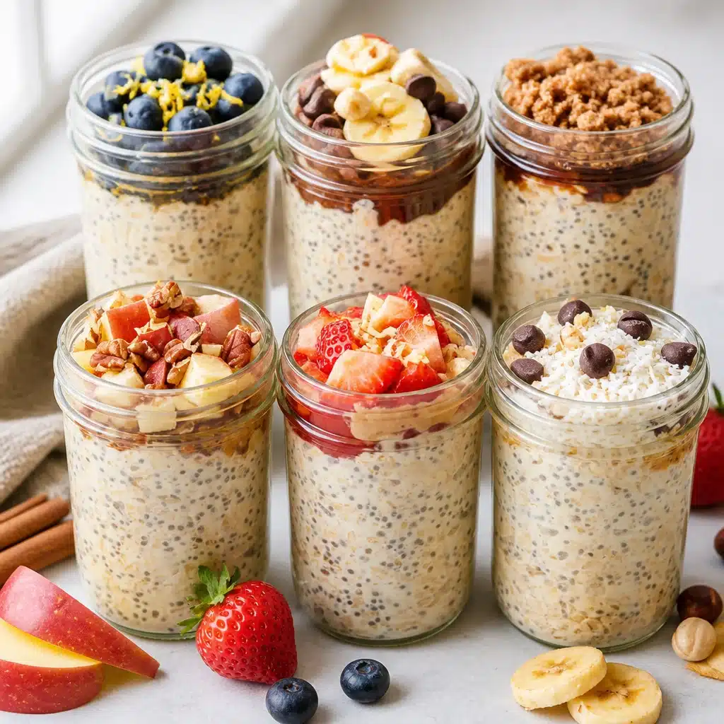 Bowl of Overnight Oats topped with fresh fruits and nuts for a healthy breakfast.