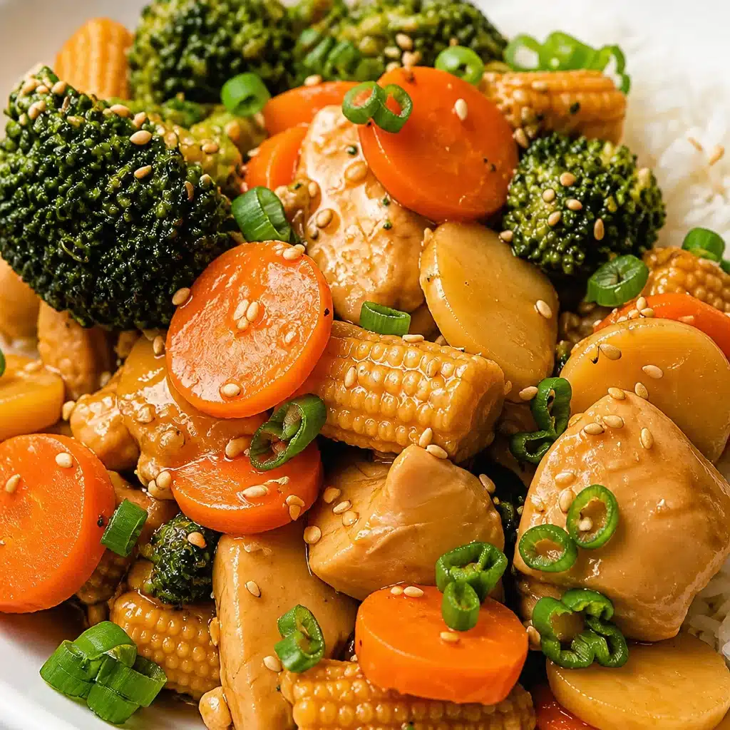A colorful bowl of Instant Pot stir fry with chicken and fresh vegetables.