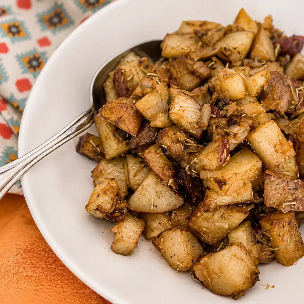 Delicious Easy Breakfast Potatoes served with rosemary, garlic, and fried eggs.