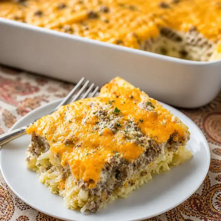 Delicious Sausage, Egg, and Cream Cheese Hashbrown Casserole baked to perfection