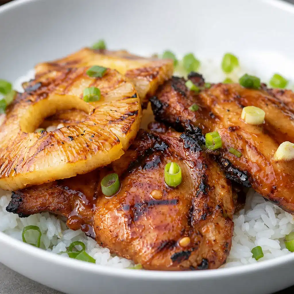 Grilled Hawaiian BBQ Chicken with pineapple glaze on a plate.