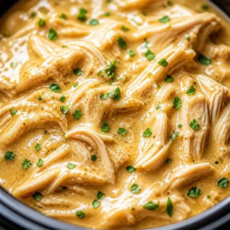 Easy Crockpot Chicken and Creamy Gravy served over mashed potatoes