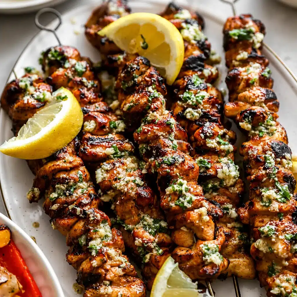 Delicious Savory Garlic Parmesan Chicken Skewers ready for summer grilling.