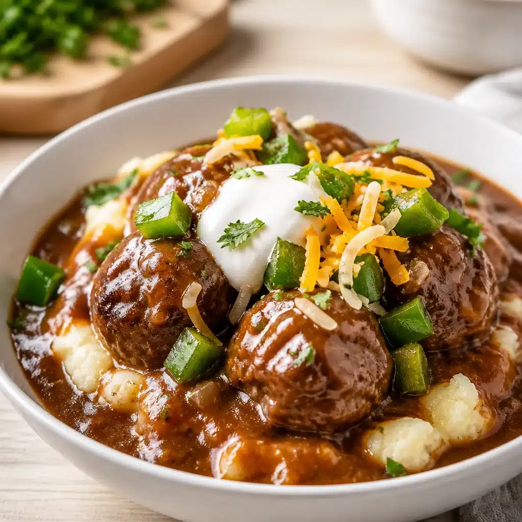 Delicious Slow Cooker Salisbury Steak Meatballs served with creamy gravy over mashed potatoes.