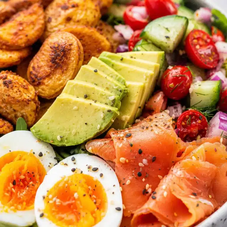 Delicious smoked salmon breakfast bowl with crispy potatoes, eggs, and fresh veggies.