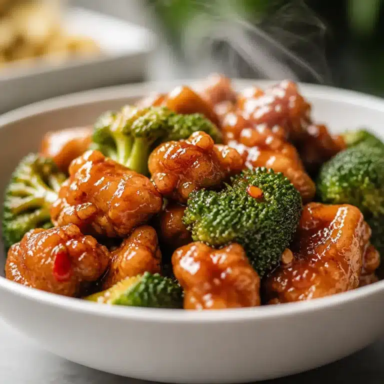 Delicious General Tso's Chicken made in a slow cooker, served with rice and vegetables.