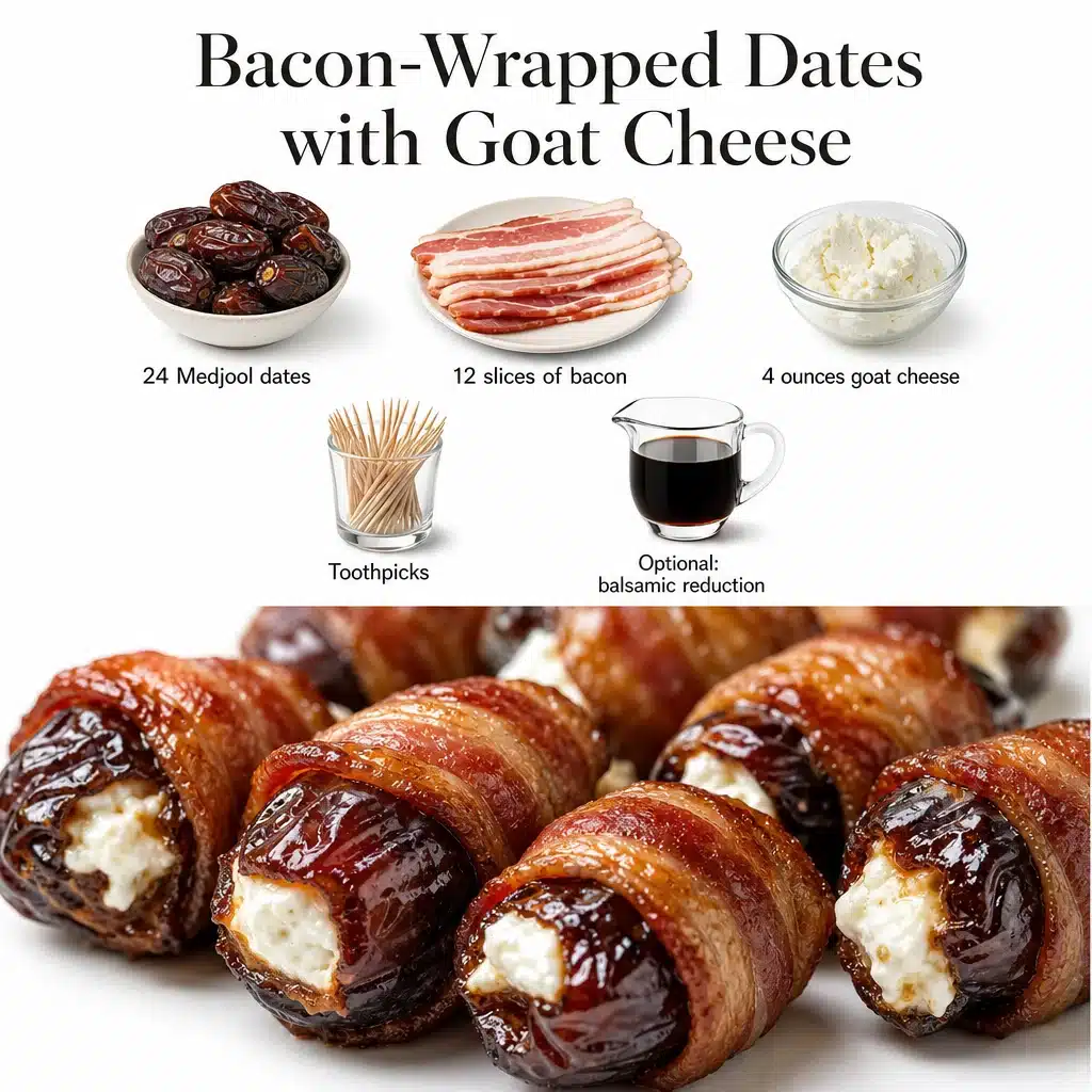 Bacon-Wrapped Dates with Goat Cheese - Easy Appetizer 1 Bacon-wrapped dates stuffed with goat cheese on a serving platter