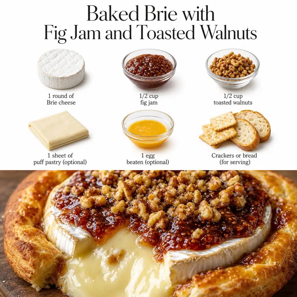 Baked Brie with Fig Jam and Toasted Walnuts - Easy 1 Delicious baked Brie with fig jam and toasted walnuts served on a platter