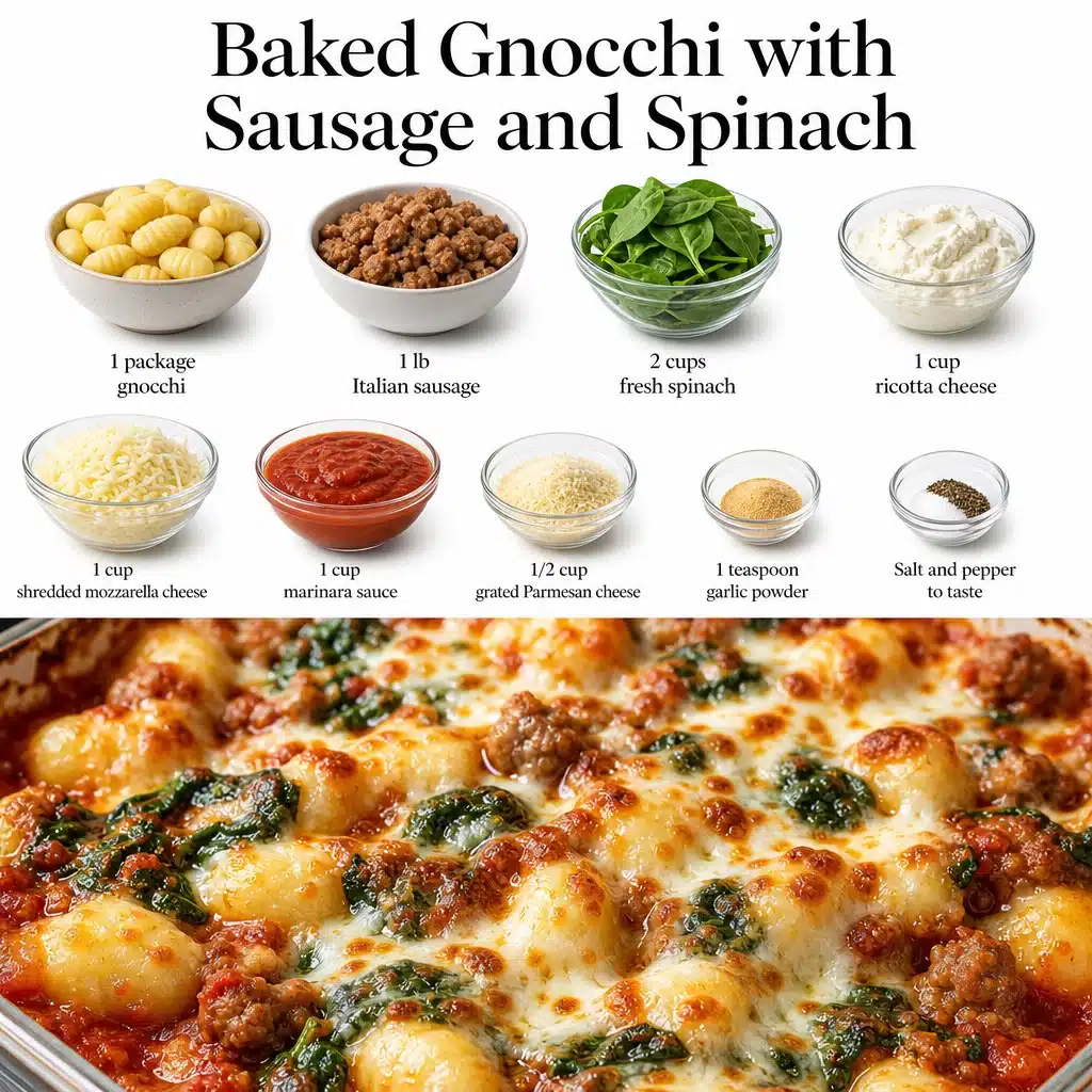 Baked gnocchi with sausage and spinach served in a bowl