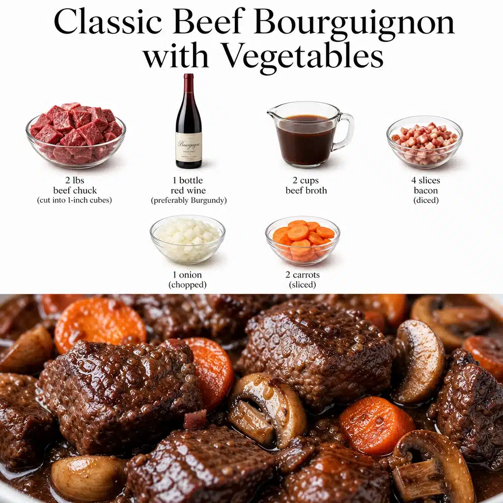 Beef Bourguignon with Vegetables - Easy Comfort Food 1 Delicious Beef Bourguignon with vegetables served in a rustic bowl.