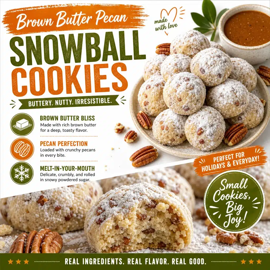 Brown Butter Pecan Snowball Cookies 1 Brown butter pecan snowball cookies on a plate, ready to enjoy.