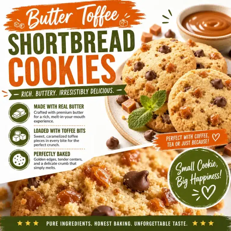 Delicious butter toffee shortbread cookies on a rustic wooden table