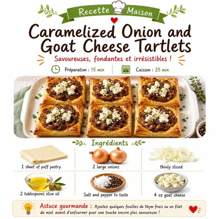 Caramelized onion and goat cheese tartlets served on a rustic wooden table