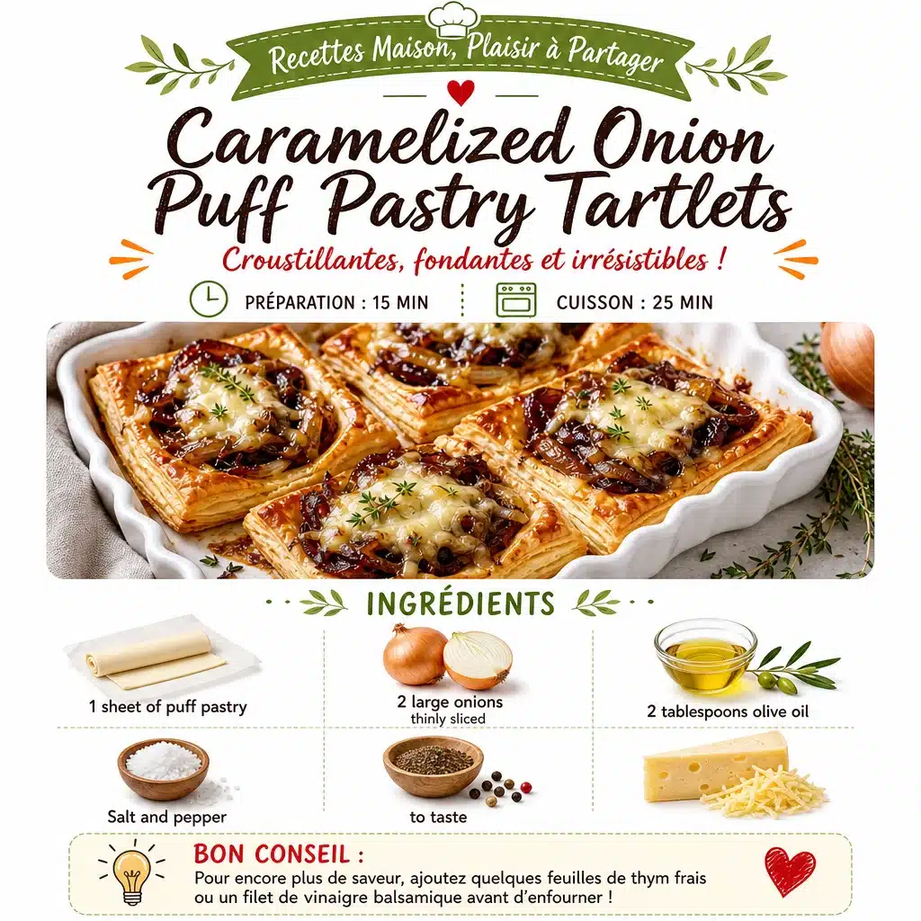 Caramelized onion puff pastry tartlets topped with herbs