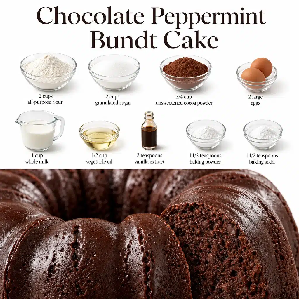 Chocolate Peppermint Bundt Cake with festive decorations