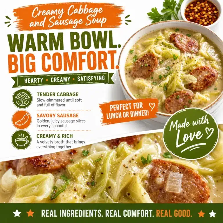 Creamy cabbage and sausage soup in a bowl, garnished with herbs.