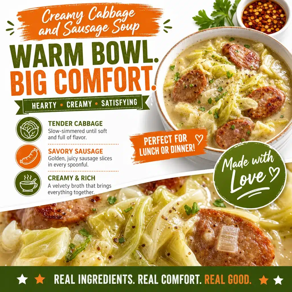 Creamy Cabbage and Sausage Soup - High Fiber Comfort Food 1 Creamy cabbage and sausage soup in a bowl, garnished with herbs.