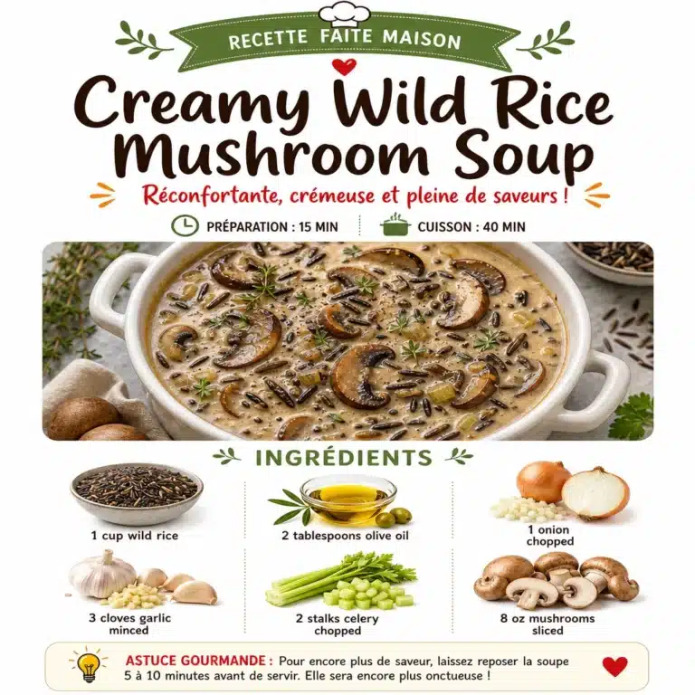 Creamy wild rice mushroom soup in a bowl with fresh herbs and wild rice grains