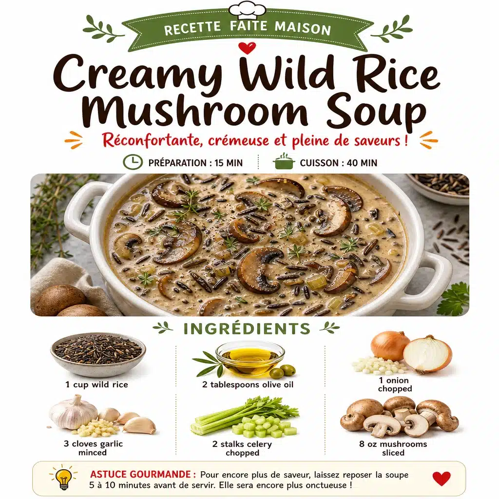 Creamy wild rice mushroom soup in a bowl with fresh herbs and wild rice grains