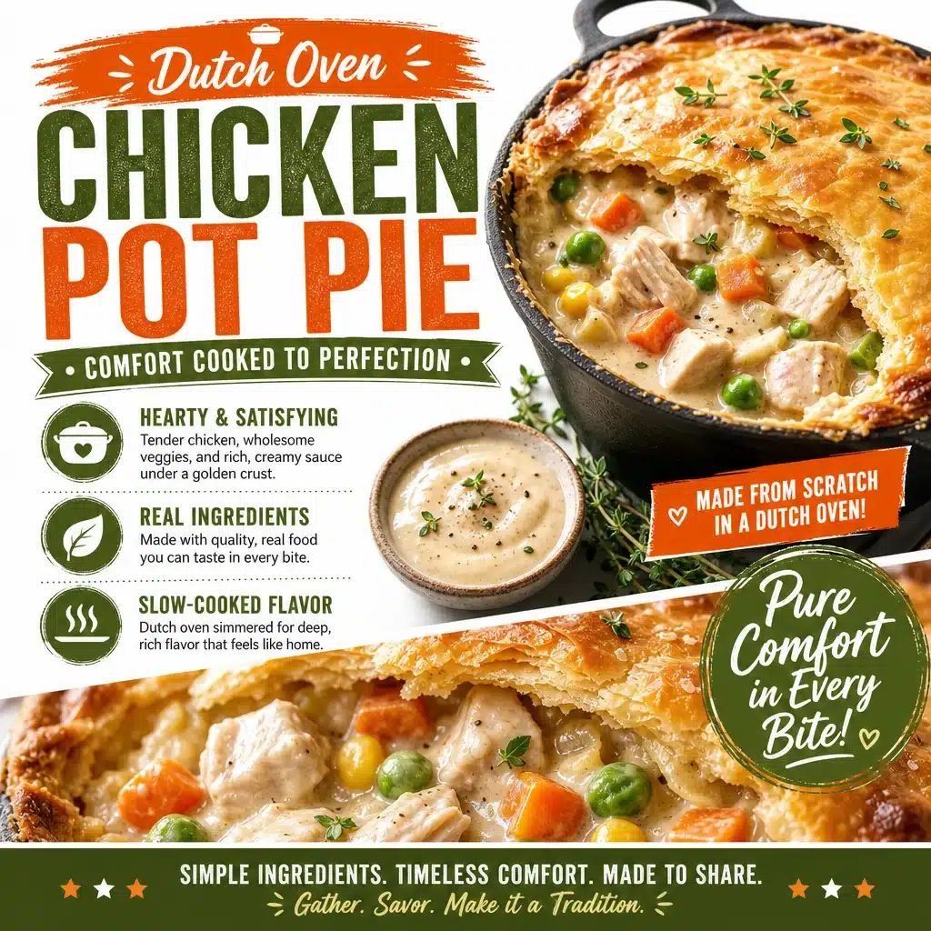 Dutch Oven Chicken Pot Pie - Easy Comfort Food 1 Delicious Dutch Oven Chicken Pot Pie ready to serve with flaky crust