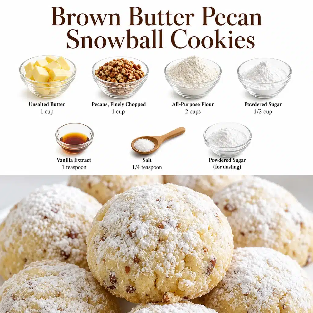 Easy Brown Butter Pecan Snowball Cookies 1 Golden brown butter pecan cookies dusted with powdered sugar on a rustic plate