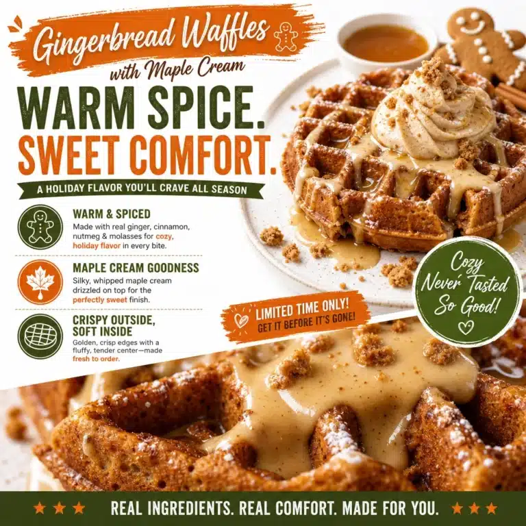 Delicious gingerbread waffles served with rich maple cream topping