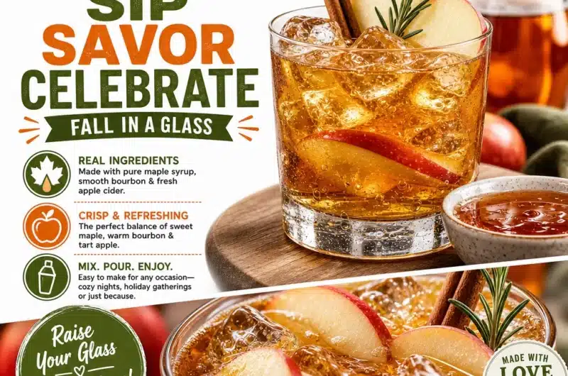 Easy Maple Bourbon Apple Cider Cocktail served in a glass with apple slices.
