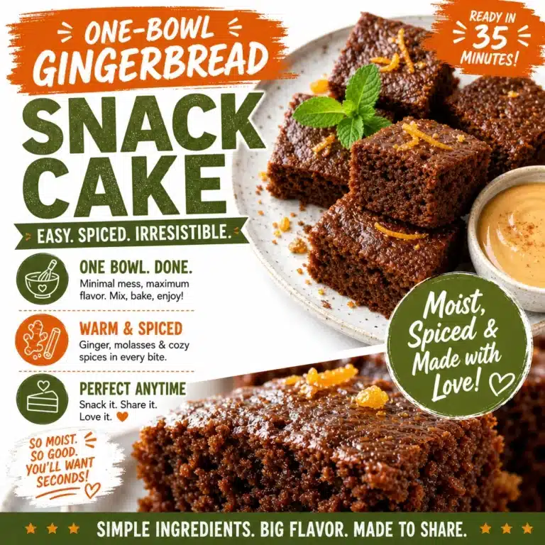 Easy one-bowl gingerbread snack cake topped with a light frosting