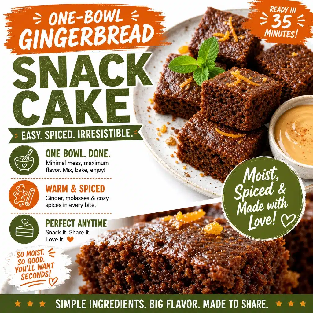 Easy one-bowl gingerbread snack cake topped with a light frosting