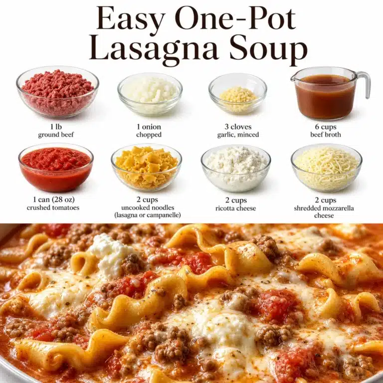 Bowl of easy one-pot lasagna soup garnished with herbs and cheese