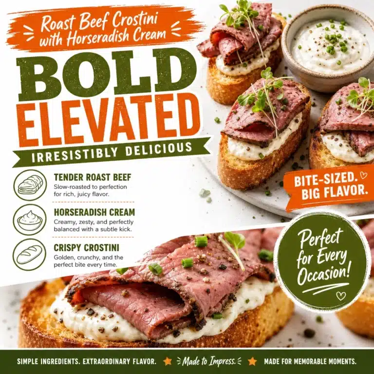 Easy Roast Beef Crostini with Horseradish Cream 7 Easy roast beef crostini with horseradish cream on a serving platter