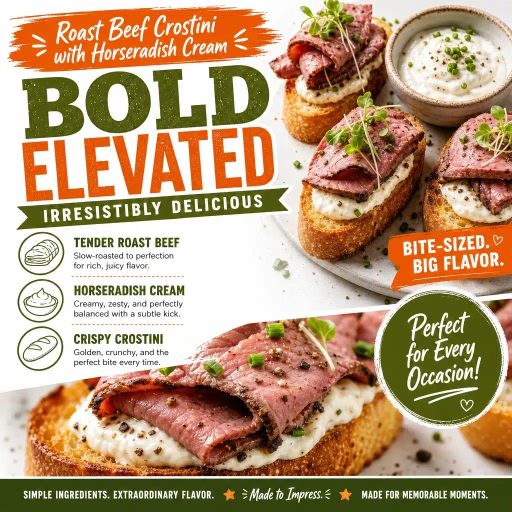 Easy roast beef crostini with horseradish cream on a serving platter