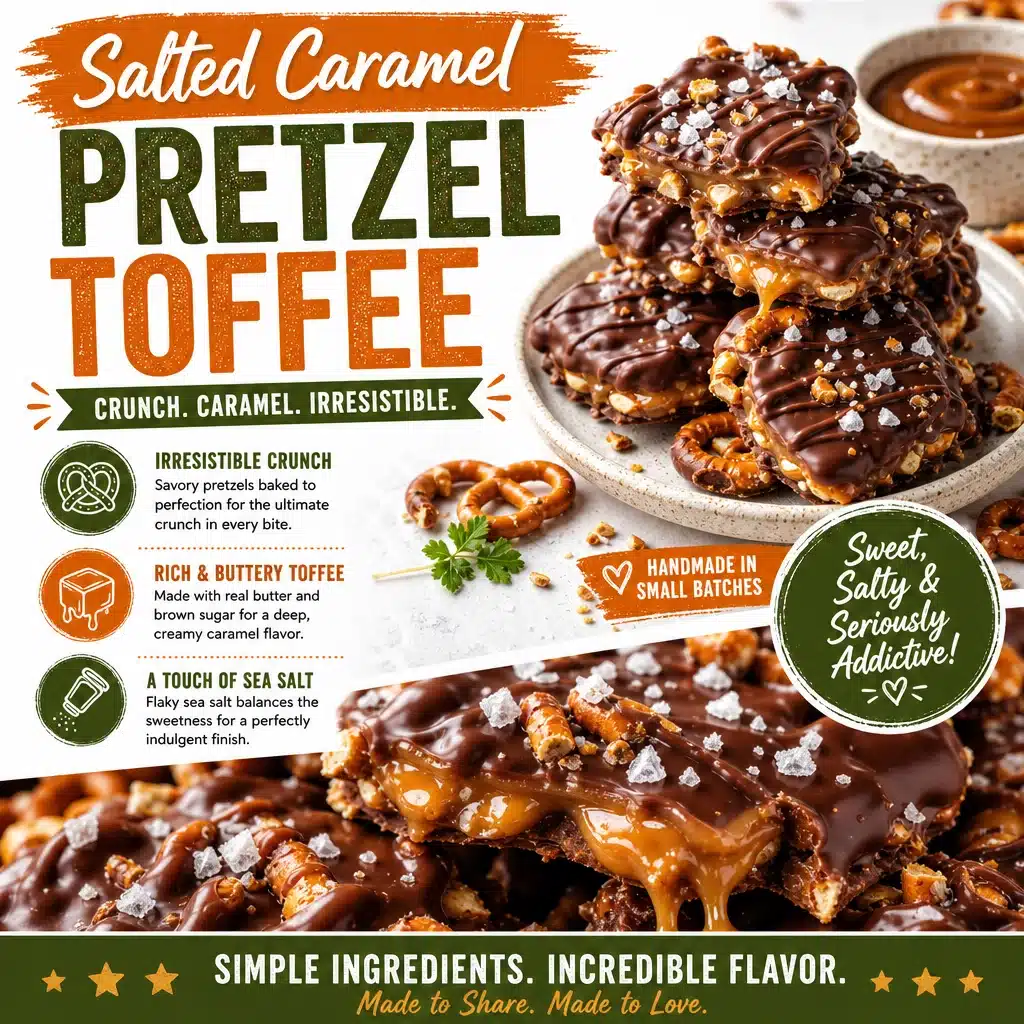 Easy salted caramel pretzel toffee dessert with crunchy pretzels and caramel drizzle.