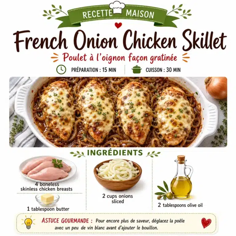 French Onion Chicken Skillet - Easy One-Pan Dinner 3 Delicious French onion chicken skillet topped with melted cheese.