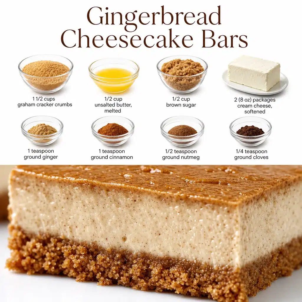 Gingerbread Cheesecake Bars topped with whipped cream and gingerbread crumbs