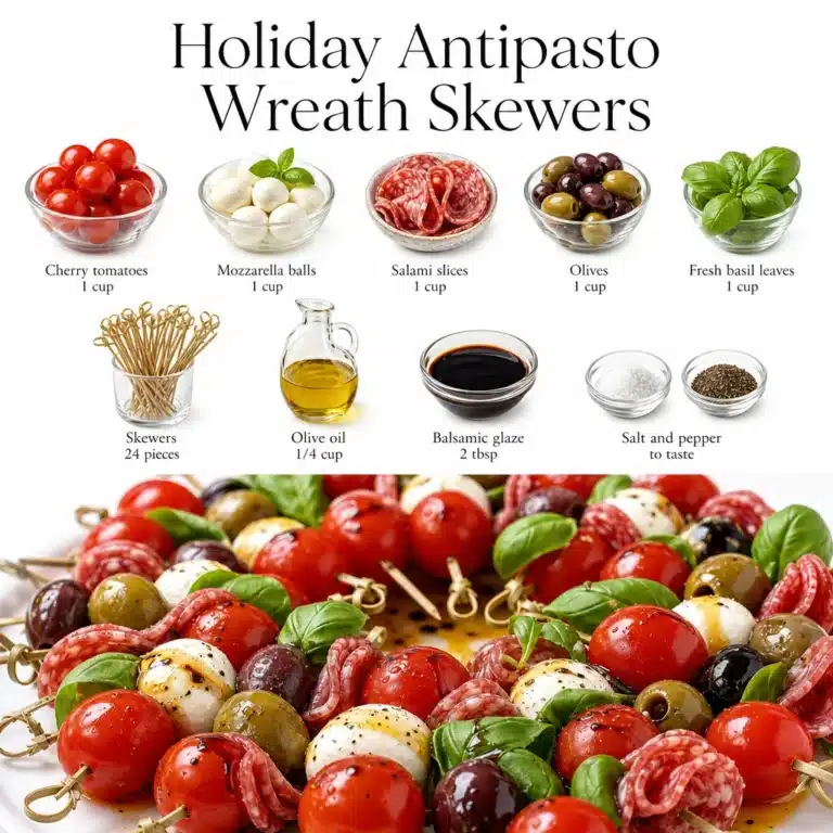 Holiday Antipasto Skewers - Easy Appetizers 3 Plate of colorful holiday antipasto skewers with meats, cheeses, and vegetables.
