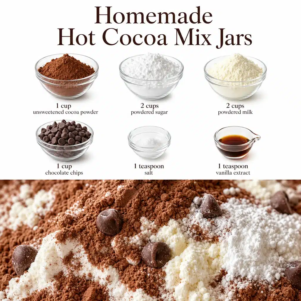 Homemade Hot Cocoa Mix Jars for Easy Comfort 1 Jars of homemade hot cocoa mix for cozy comfort during winter.