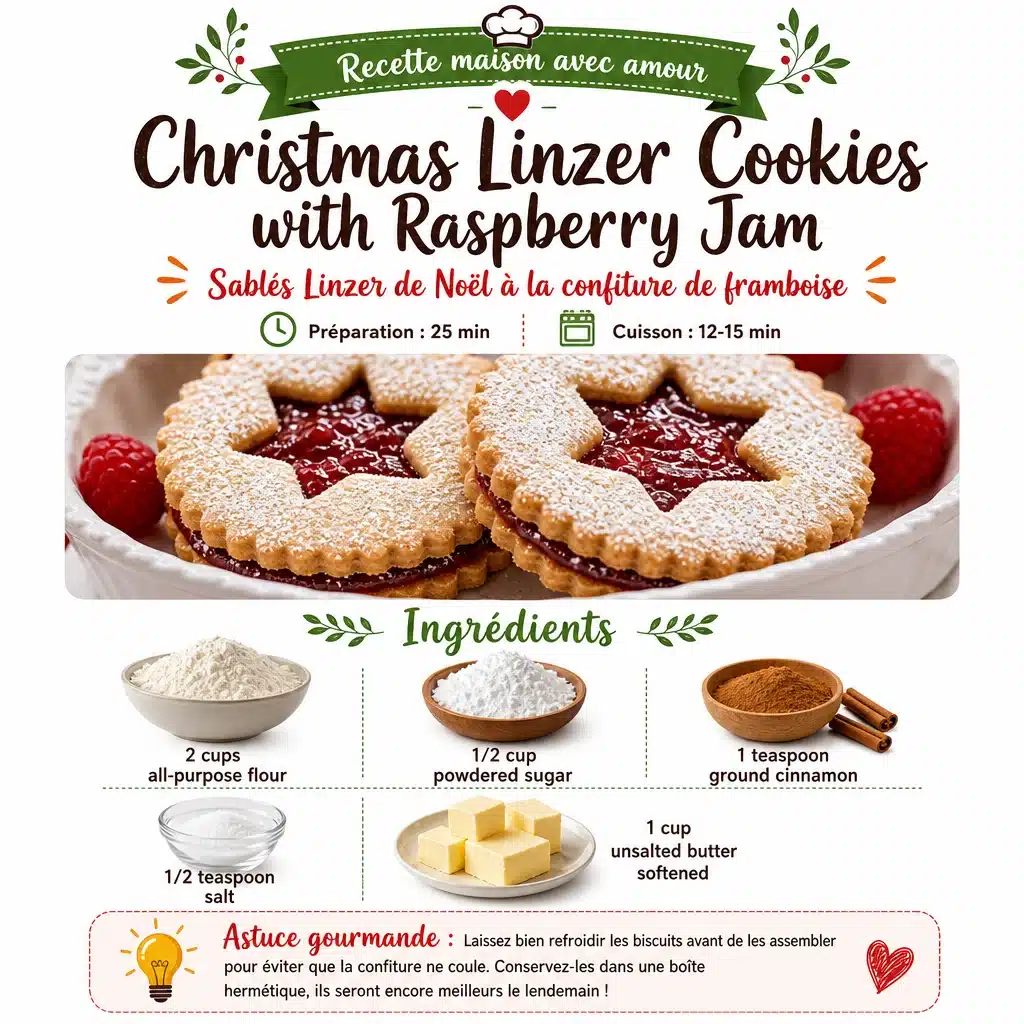 Linzer Cookies with Raspberry Jam - Easy Christmas Recipe 1 Delicious Linzer Cookies filled with raspberry jam on a festive plate