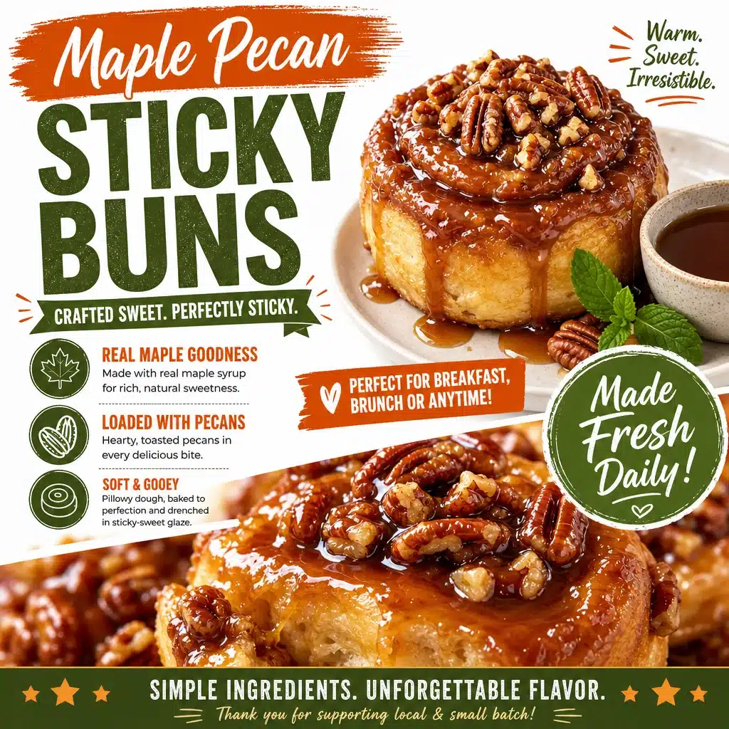 Freshly baked maple pecan sticky buns topped with caramel and pecans