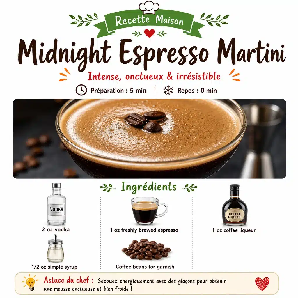 Midnight Espresso Martini cocktail in a stylish glass with coffee beans garnish