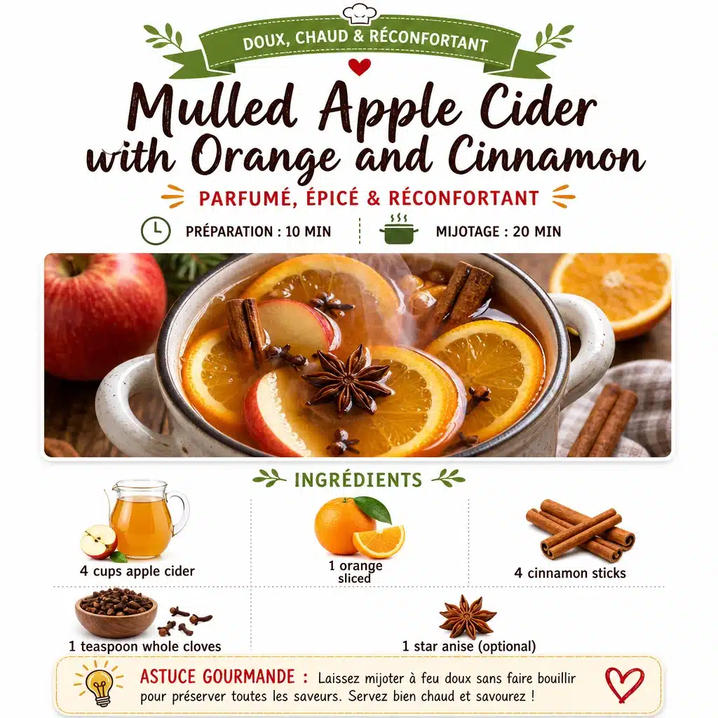 Warm mulled apple cider with orange slices and cinnamon sticks in a rustic mug