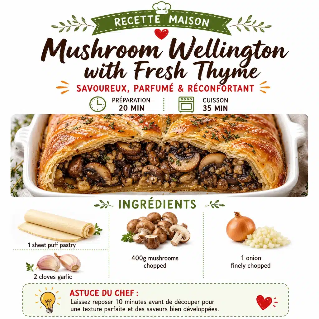 Delicious Mushroom Wellington with fresh thyme, perfect easy comfort food.