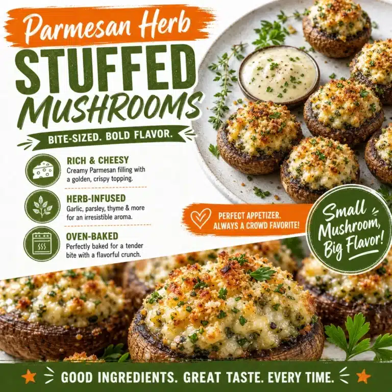Plate of Parmesan Herb Stuffed Mushrooms topped with herbs and cheese