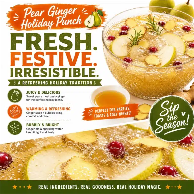 Pear Ginger Holiday Punch served in a festive glass with holiday decorations