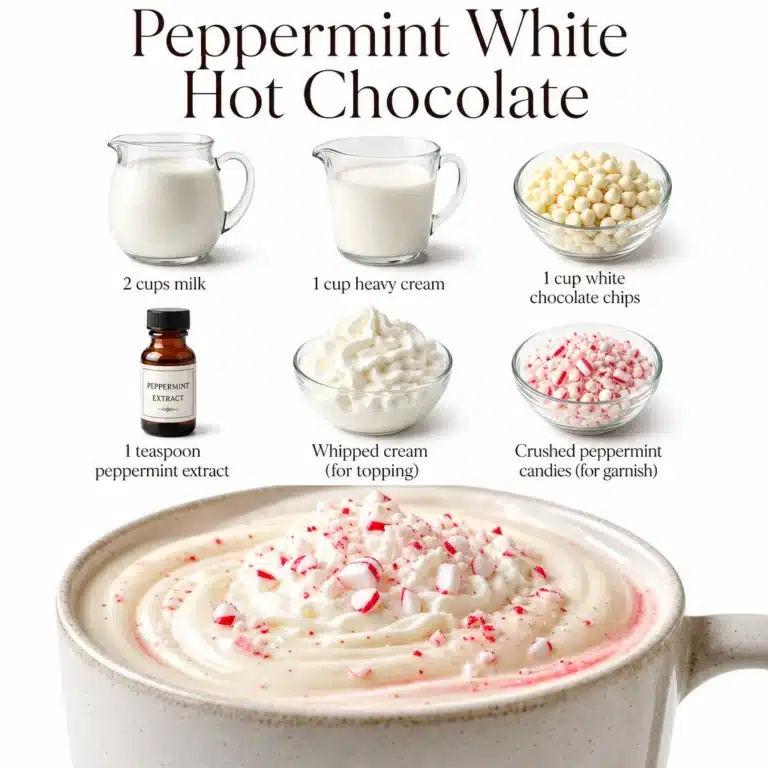 Peppermint White Hot Chocolate - Easy Comfort Food 3 A cozy mug of peppermint white hot chocolate topped with whipped cream and candy cane sprinkles