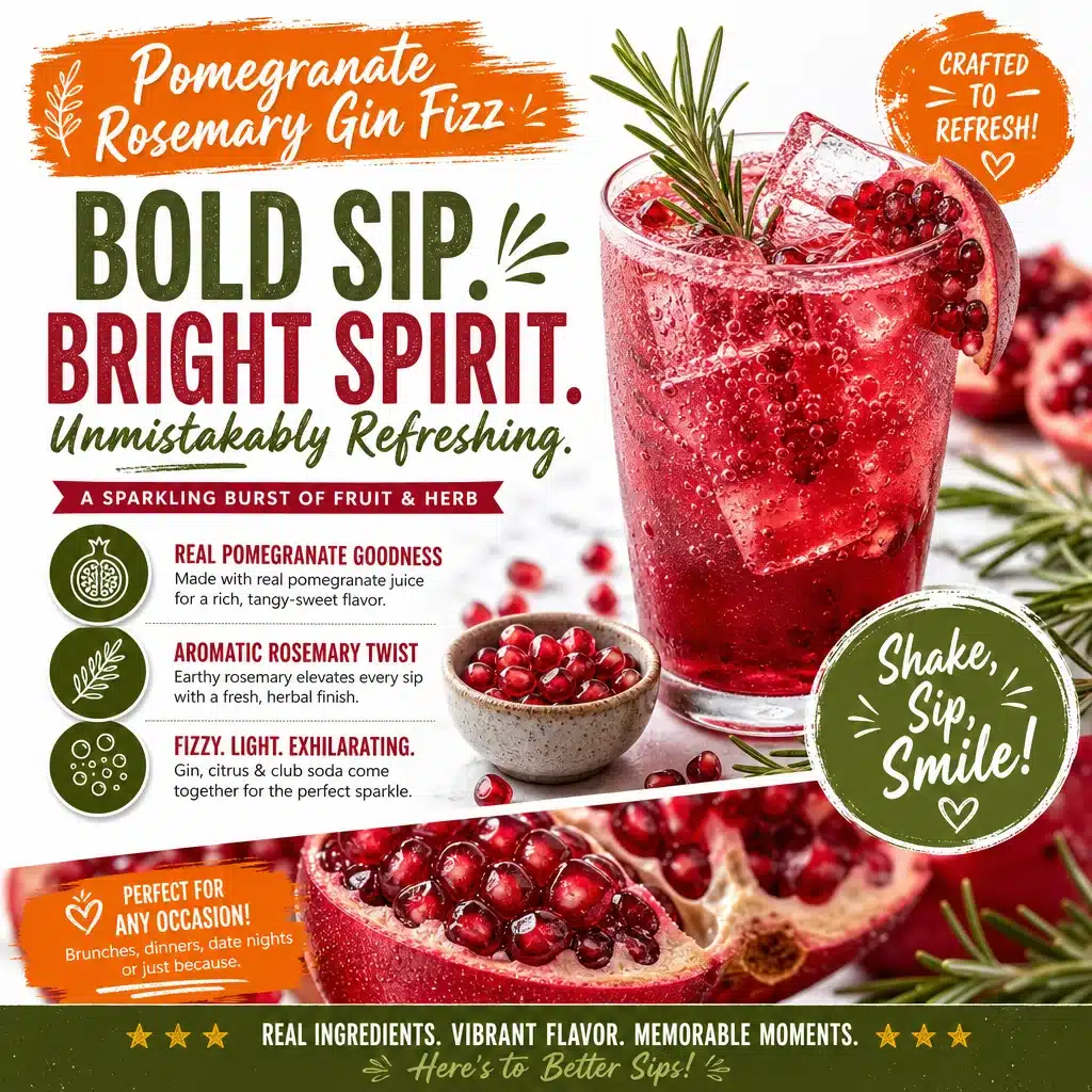 Refreshing Pomegranate Rosemary Gin Fizz cocktail with garnishes